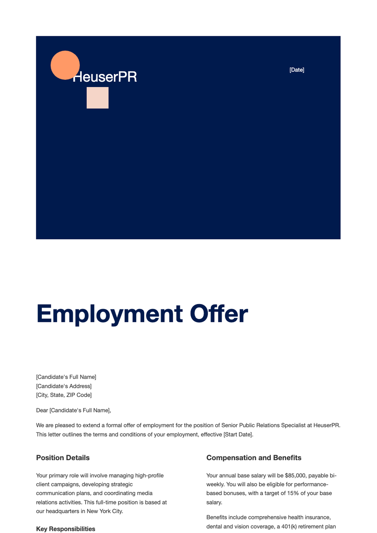 Professional employment offer letter for Marketing Manager at HeuserPR with hybrid work and salary_variant_2